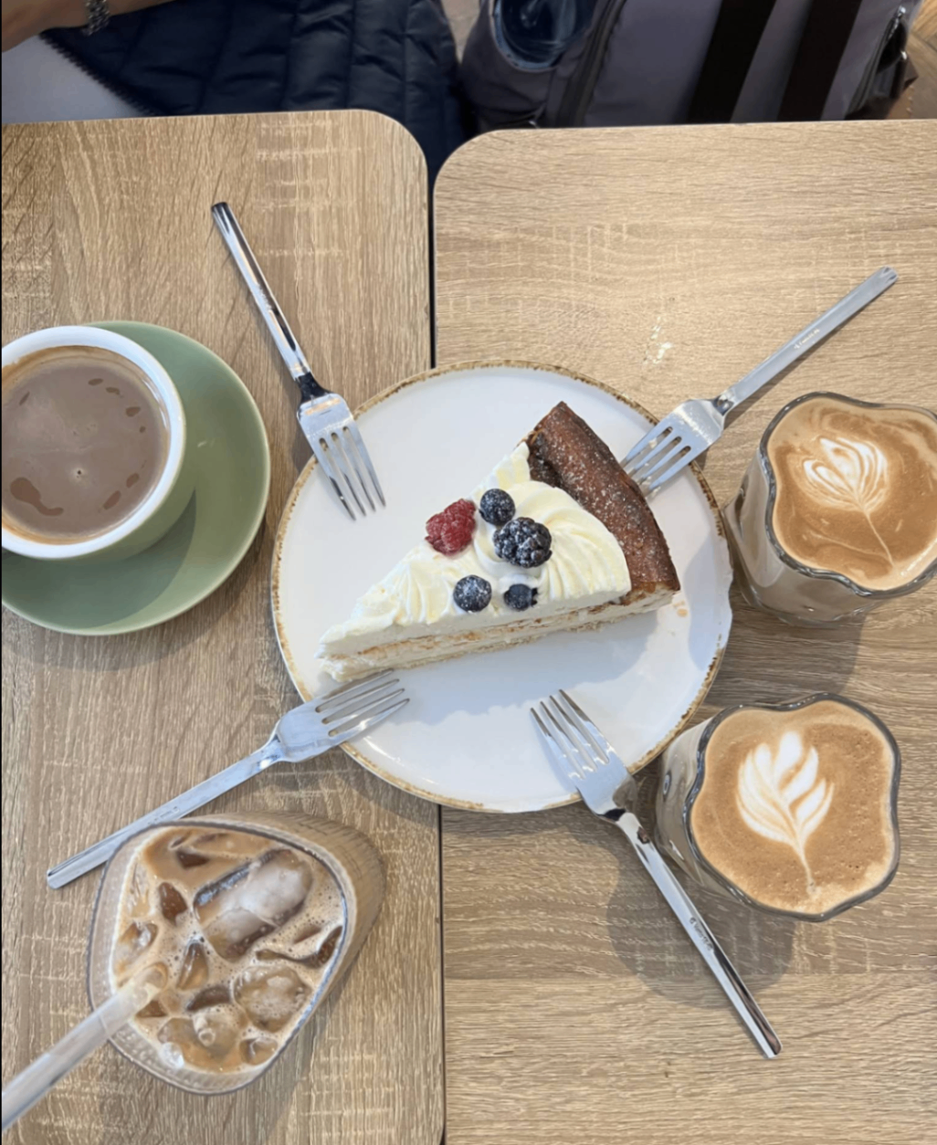 A slice of Sophien Coffee cheesecake shared over coffees